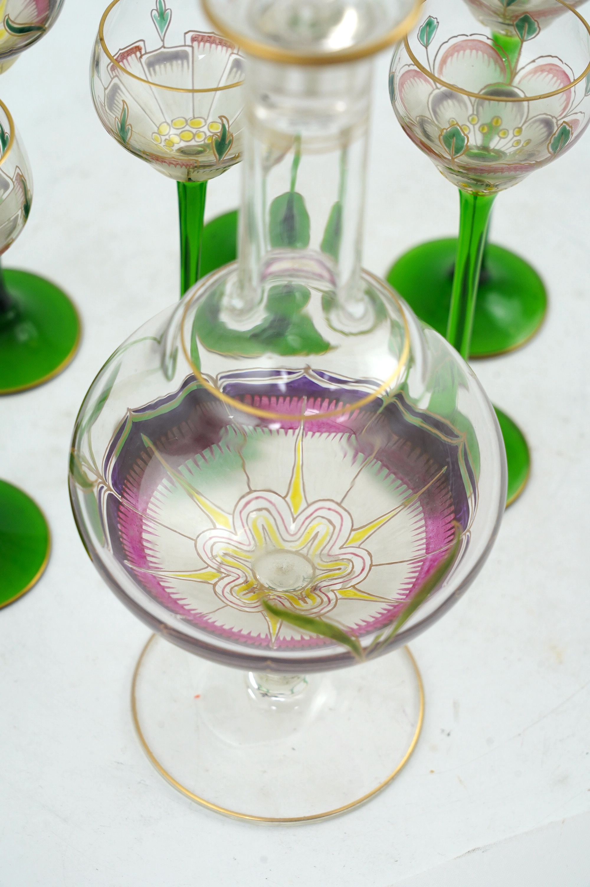 A Theresienthal Jugendstil hand-enamelled glass cordial set, c.1910